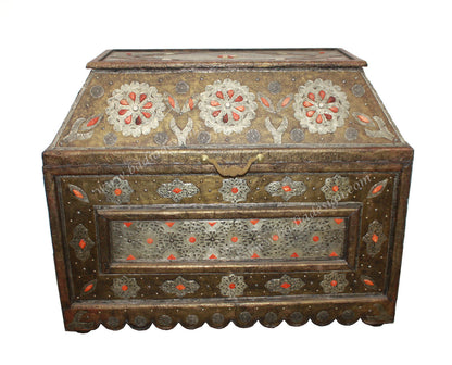Vintage Embossed Metal Orange Bone Inlay Trunk