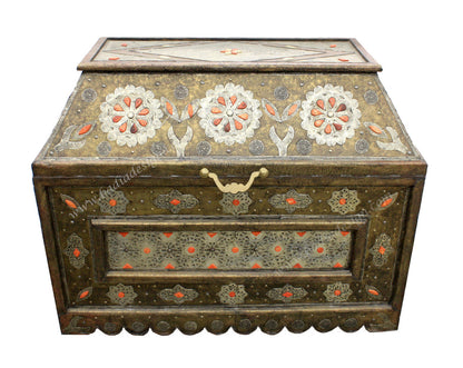 Vintage Embossed Metal Orange Bone Inlay Trunk