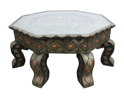 Embossed Metal and Bone Inlay Octagon Table