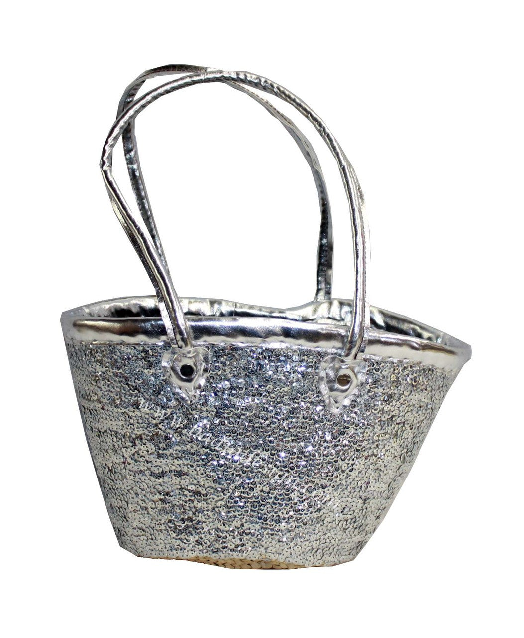 Silver glittery handbag with a handle on a white background