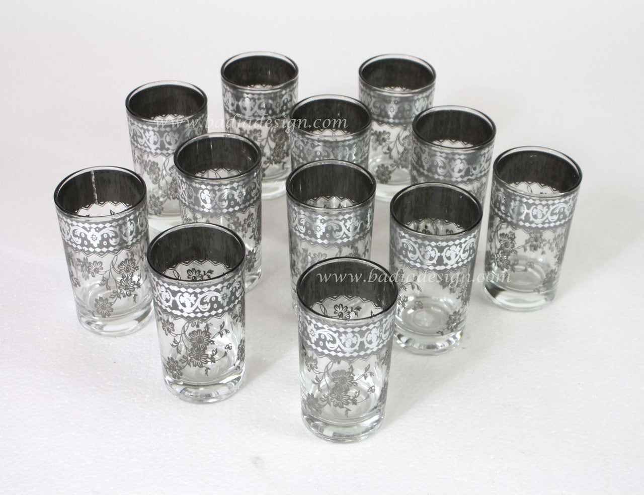 Silver Floral Moroccan Clear Tea Glasses, set of 12