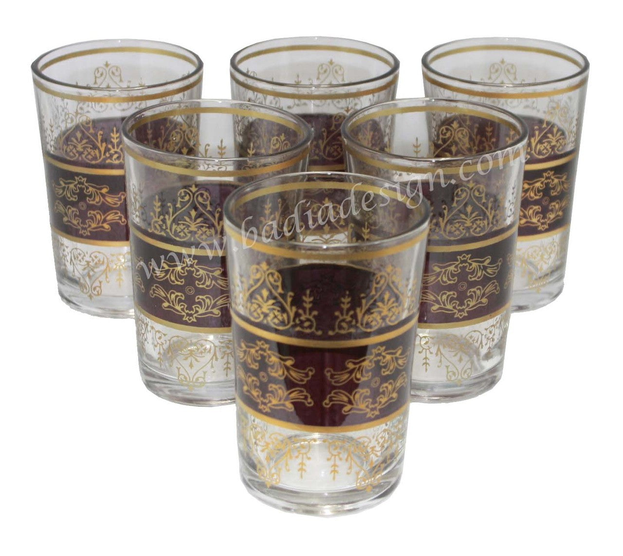 Set of six tea glasses with purple and gold decorative patterns on a white background.