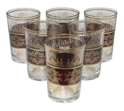 Set of six tea glasses with purple and gold decorative patterns on a white background.