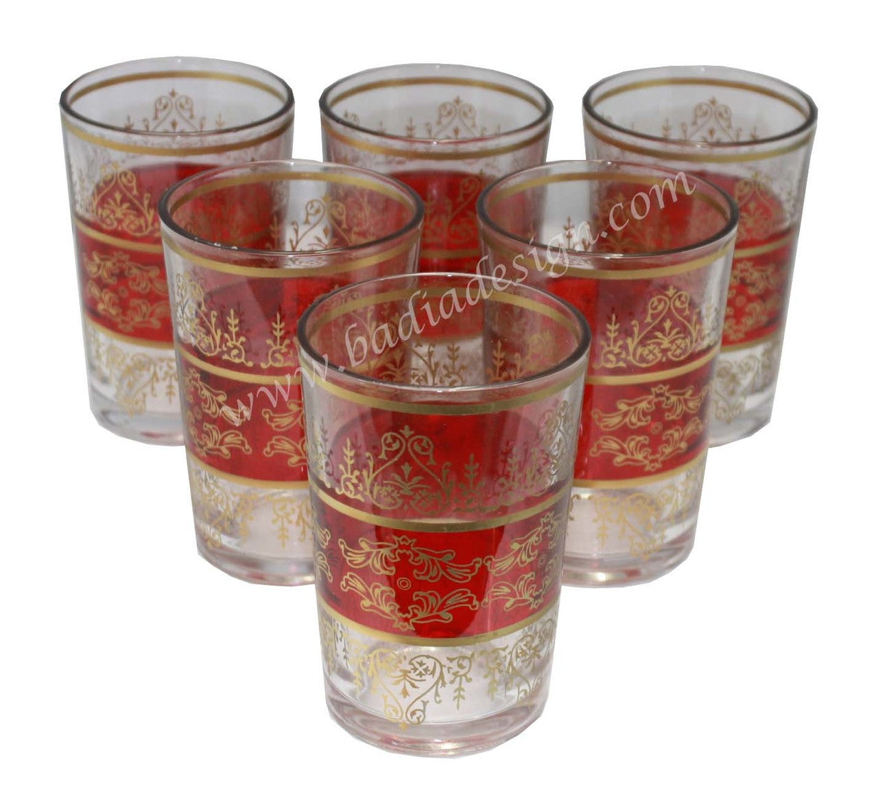 Set of six tea glasses with red and gold decorative patterns on a white background.