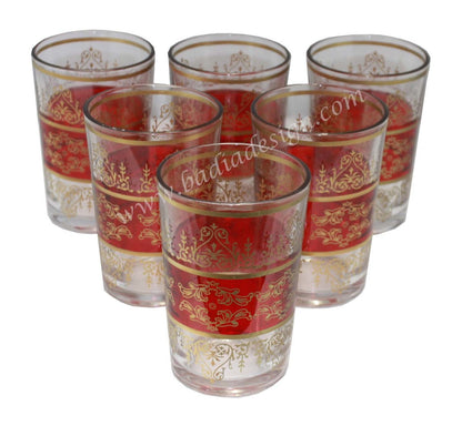 Set of six tea glasses with red and gold decorative patterns on a white background.