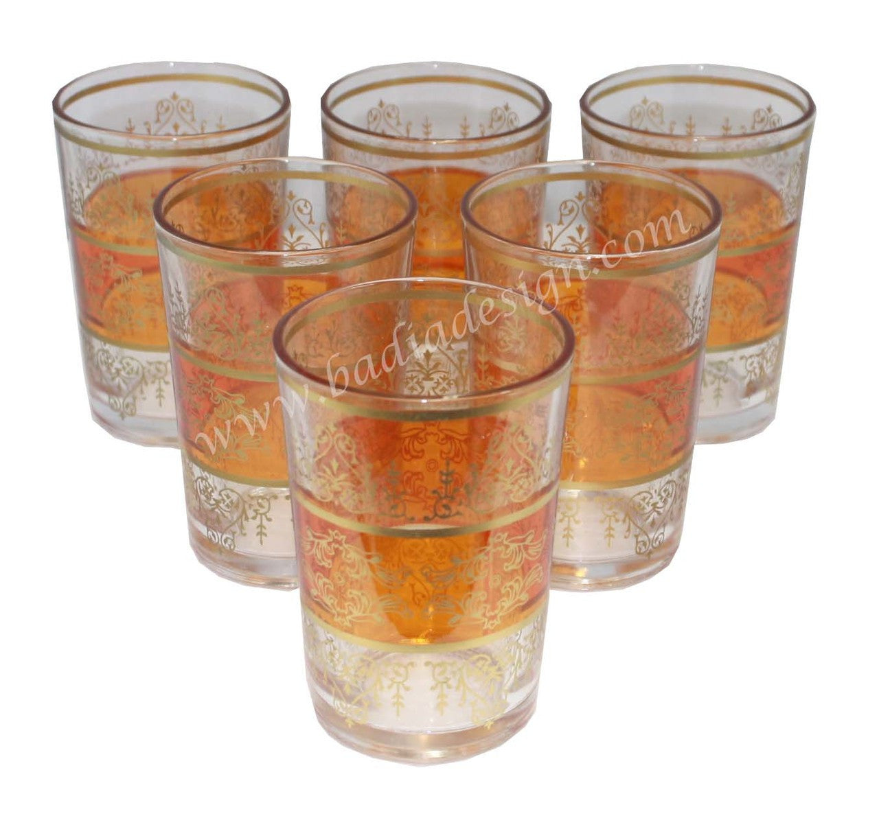 Set of six tea glasses with orange and gold decorative patterns on a white background.