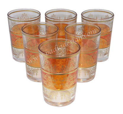 Set of six tea glasses with orange and gold decorative patterns on a white background.