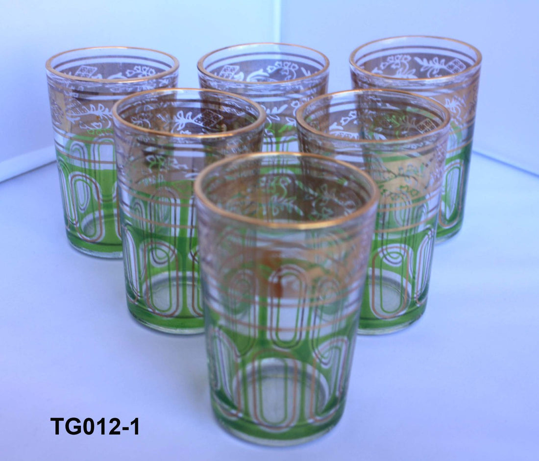 Set of Six Moroccan Tea Glasses with Green and Gold Motif