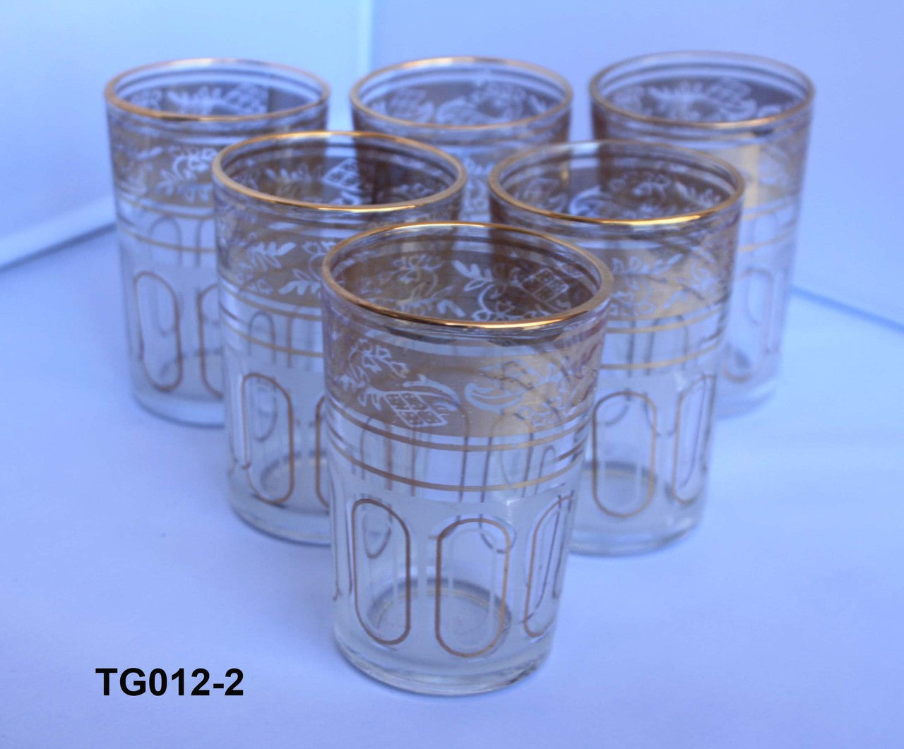Set of Six Moroccan Tea Glasses with Gold Motif