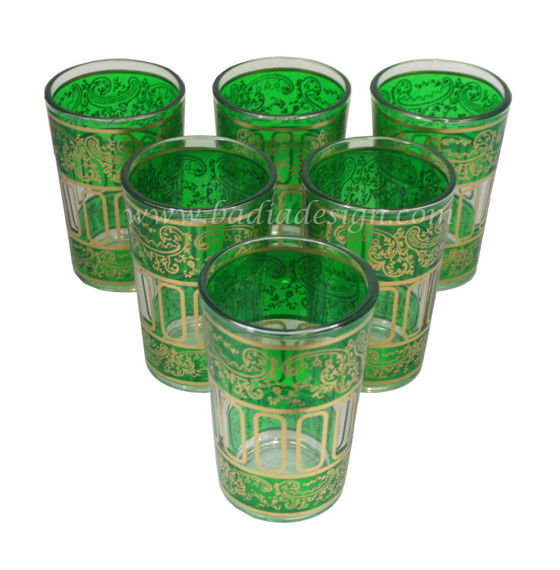 Set of six green glass tea cups with gold patterns on a white background