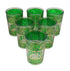 Set of six green glass tea cups with gold patterns on a white background