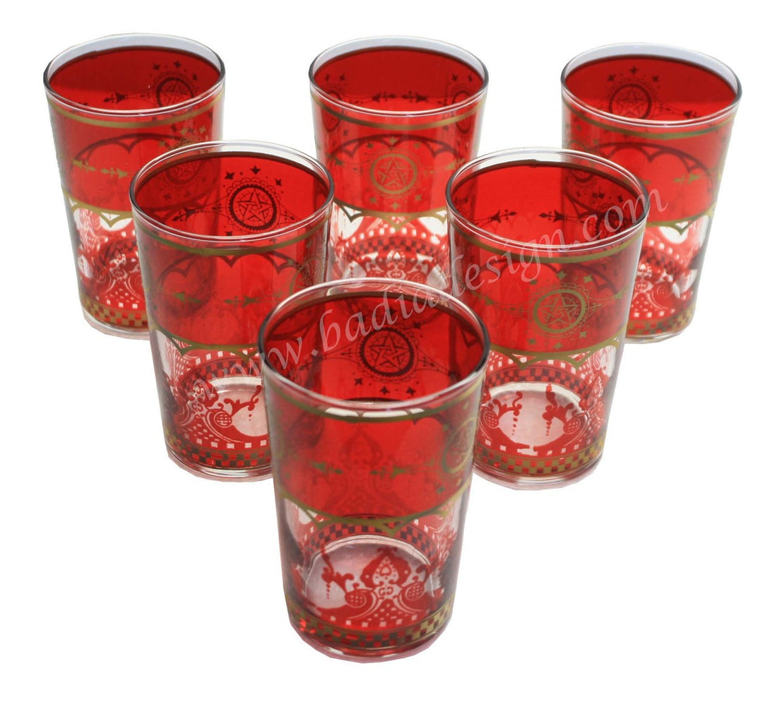 Six Authentic Red Moroccan Gold Motif Tea Glass Set