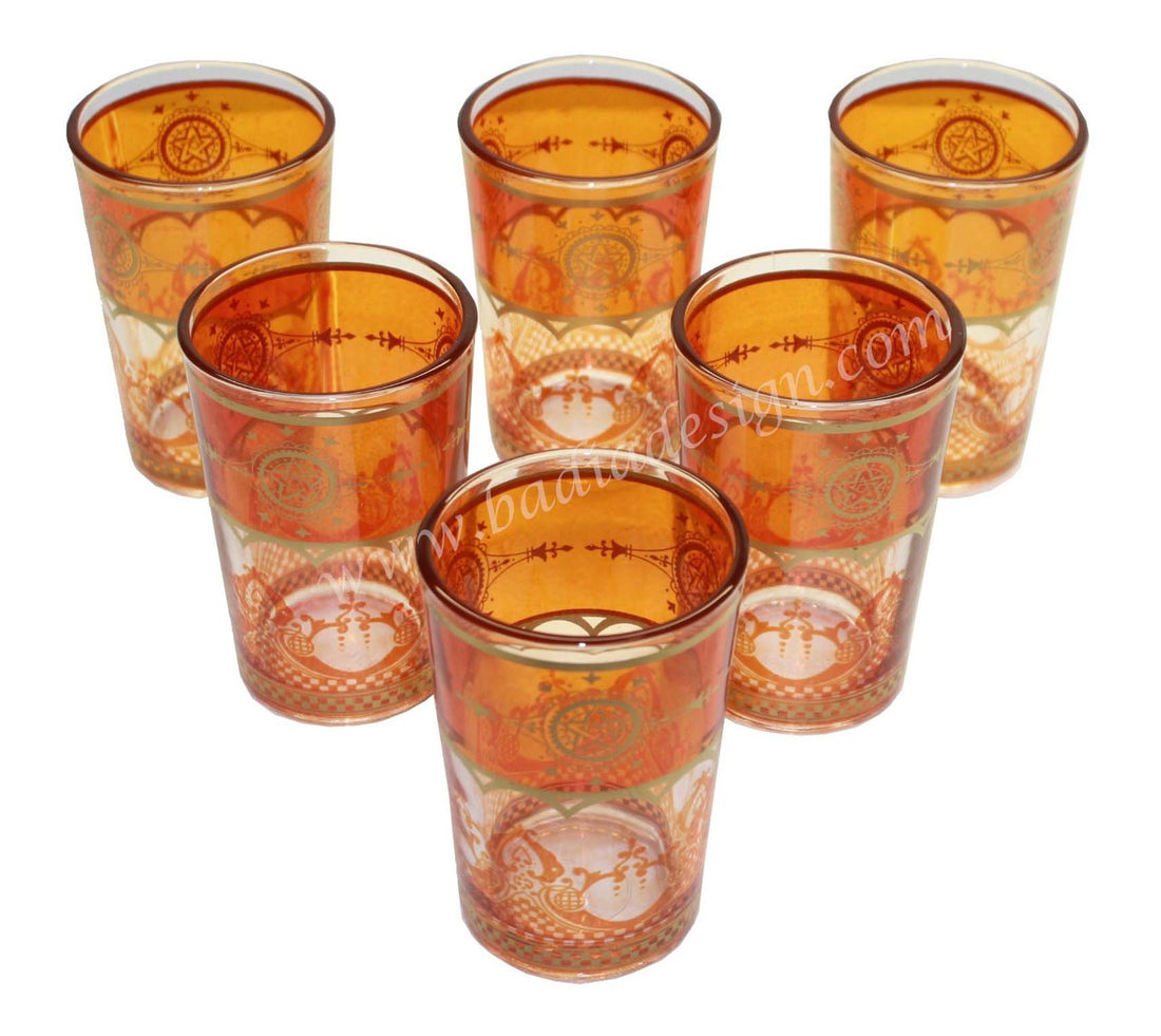 Six Authentic Orange Moroccan Gold Motif Tea Glass Set