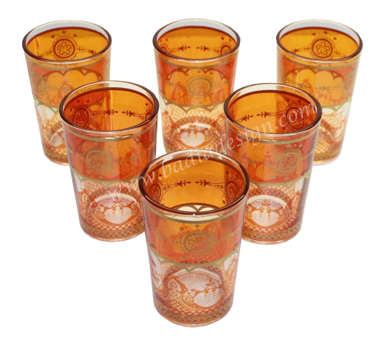 Six Authentic Orange Moroccan Gold Motif Tea Glass Set
