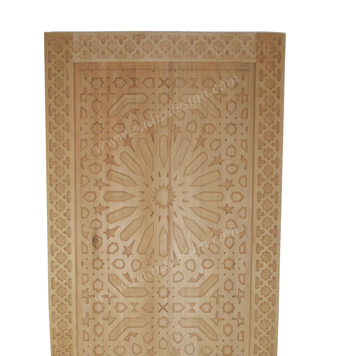 Decorative wooden panel with intricate carvings on a white background