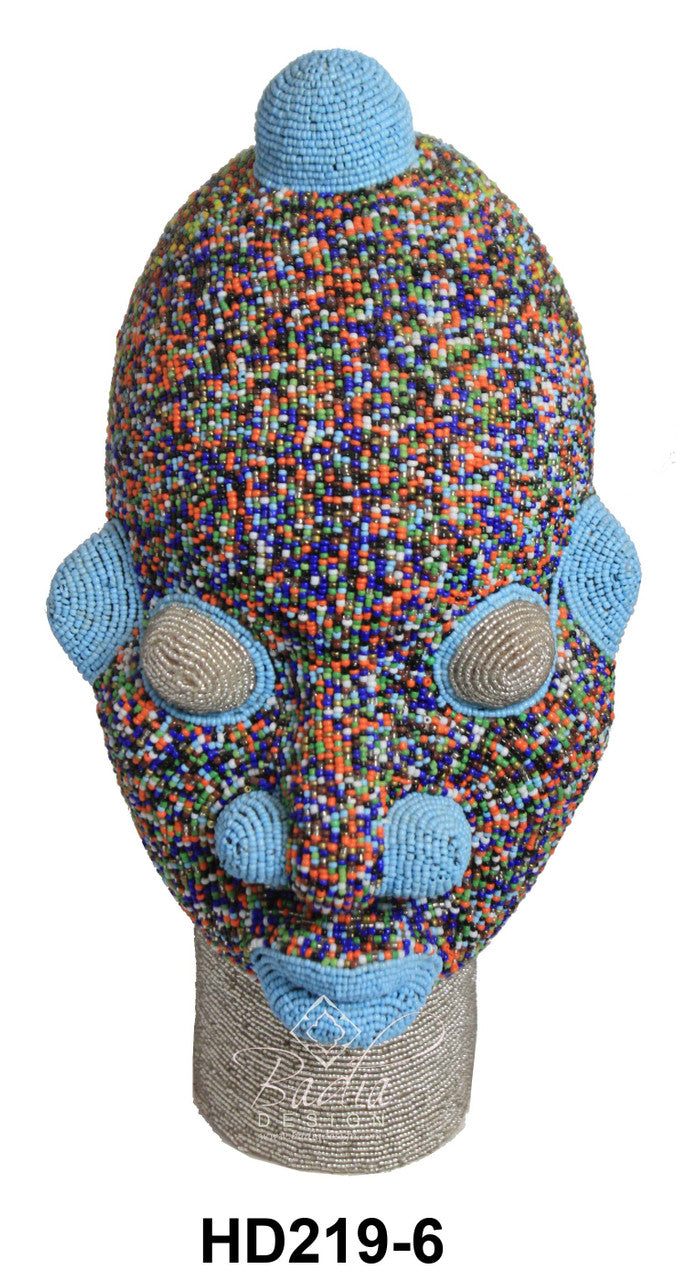 Colorful beaded mask with blue accents on a mannequin head, labeled HD219-6.