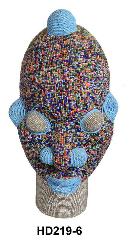 Colorful beaded mask with blue accents on a mannequin head, labeled HD219-6.