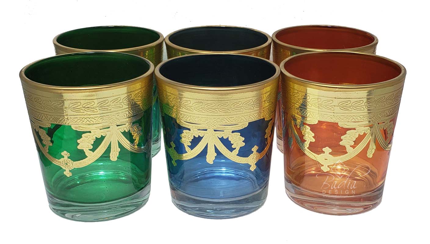 Multi-Color Moroccan Glass Beverage Set with Moorish Gold Motif