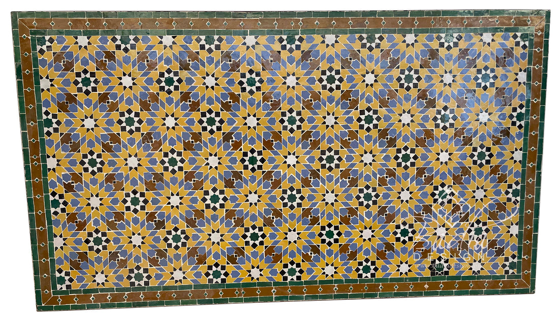 Brown Multi-Color Rectangular Tile Table Top with Intricate Color Designs