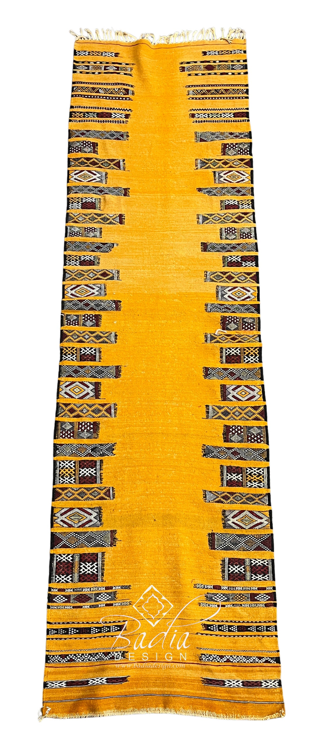 Mustard Yellow Moroccan Runner Rug with Tribal Border