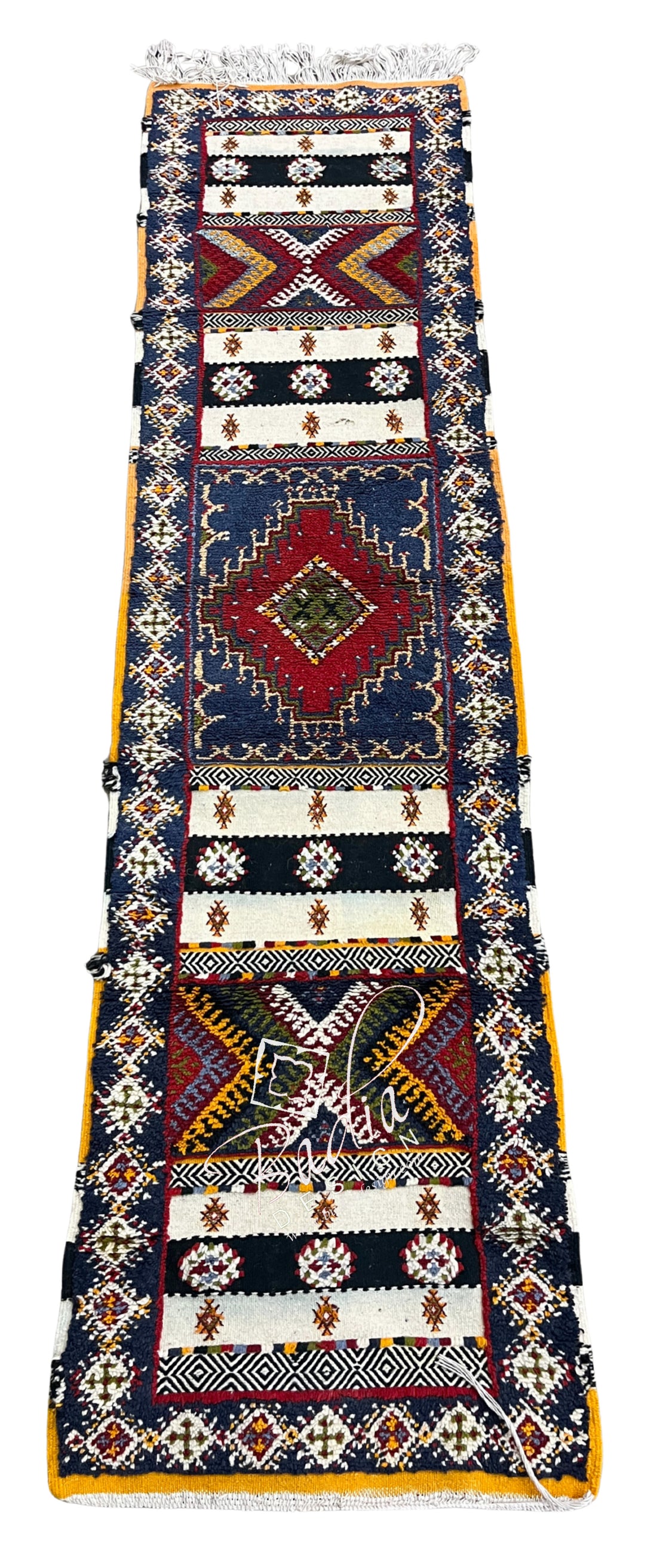 Navy Blue Moroccan Runner Rug with Red Geometric Designs