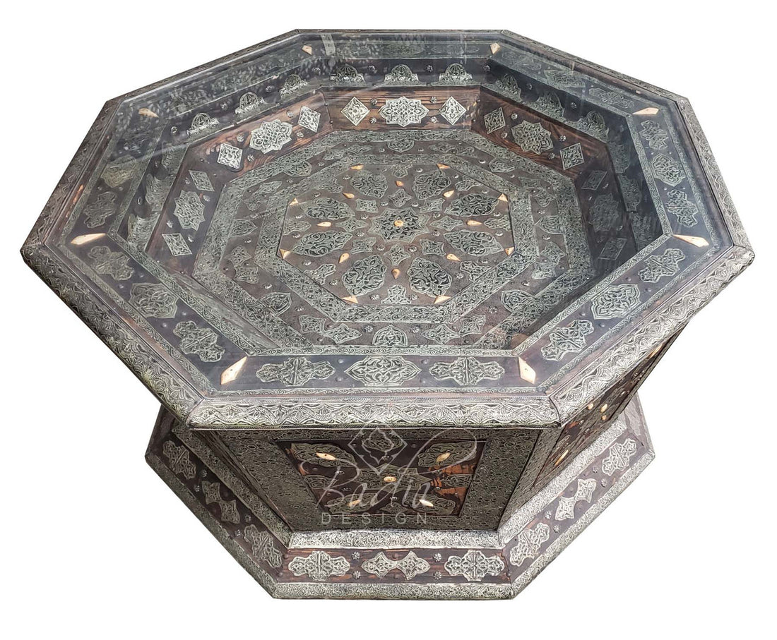 Octagon Embossed Metal and Bone Table with Glass Top