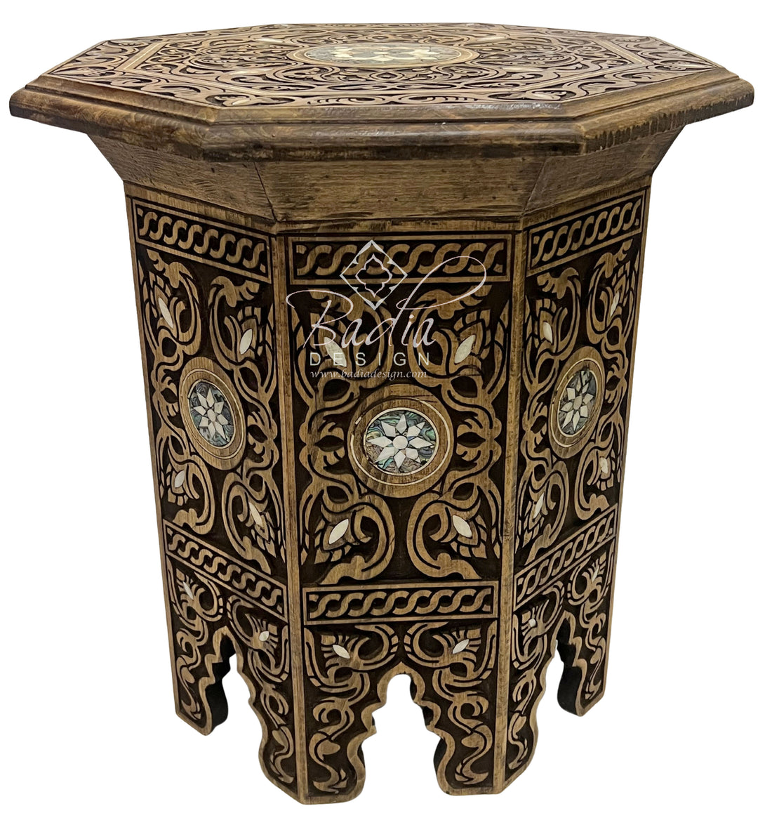 Moroccan Hand Carved Wood Side Table with Decorative Mother of Pearl Inlay
