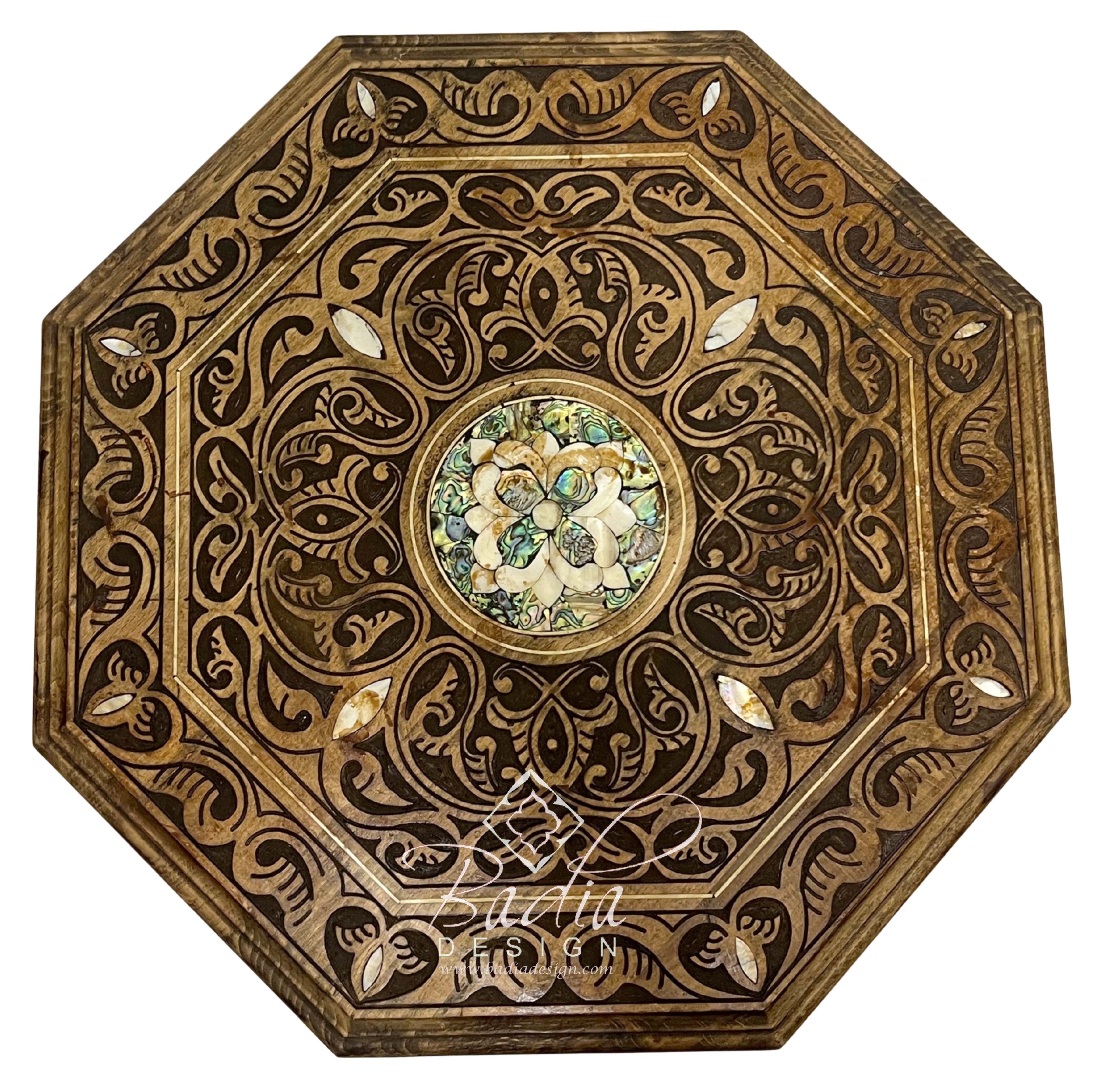 Moroccan Hand Carved Wood Side Table Top with Decorative Mother of Pearl Inlay