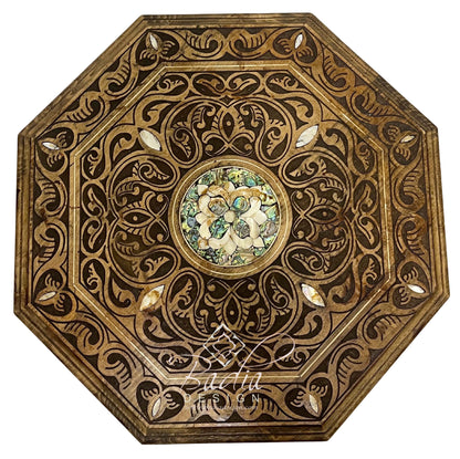Moroccan Hand Carved Wood Side Table Top with Decorative Mother of Pearl Inlay