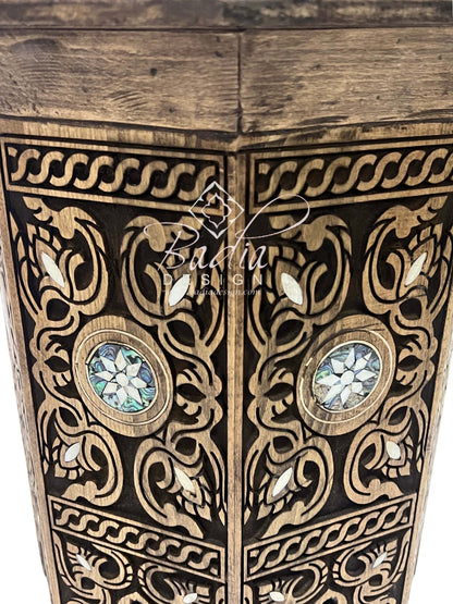 Hand Carved Wood Side Table with Decorative Mother of Pearl Inlay