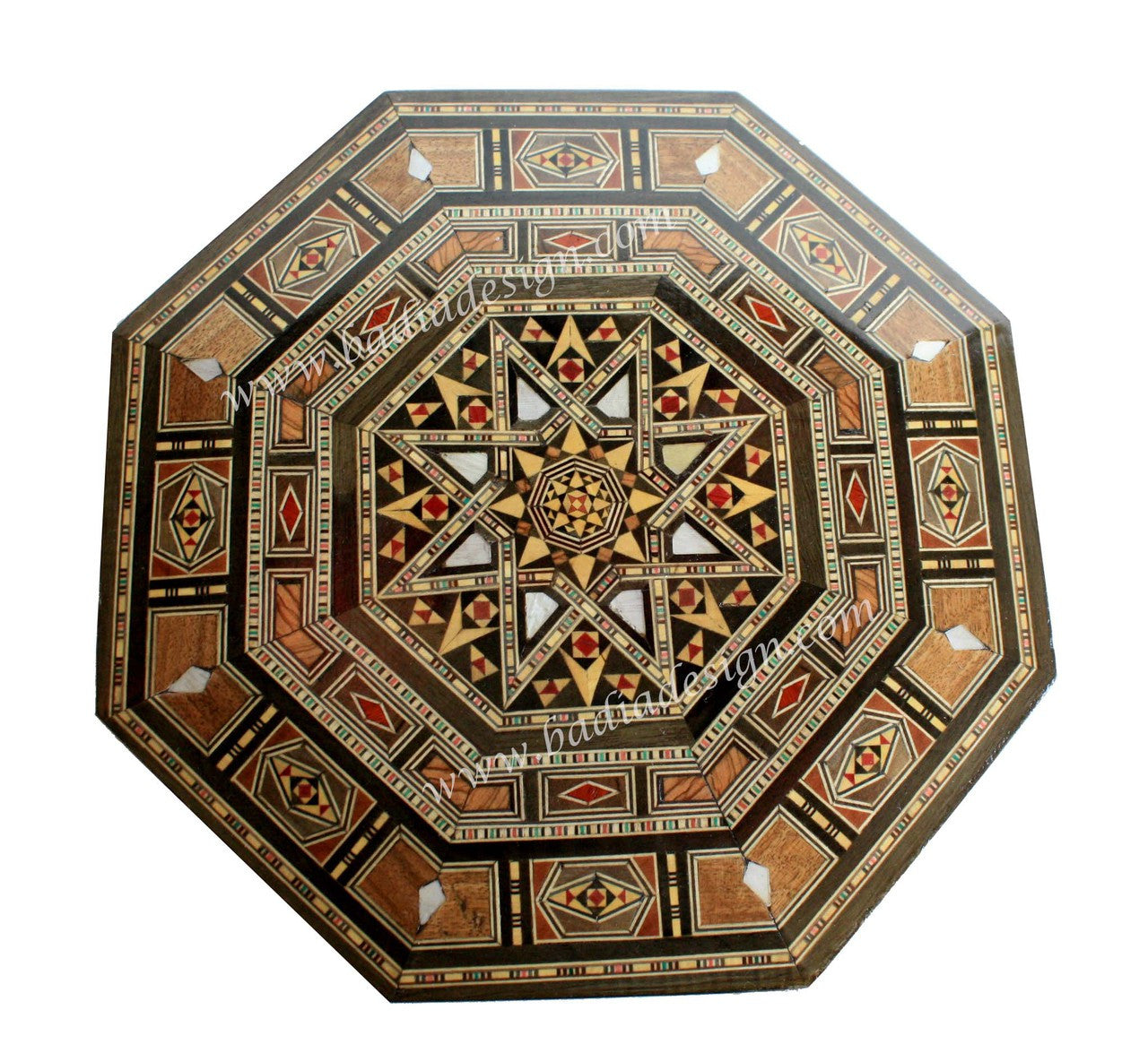 Decorative octagonal table top with geometric pattern on a white background