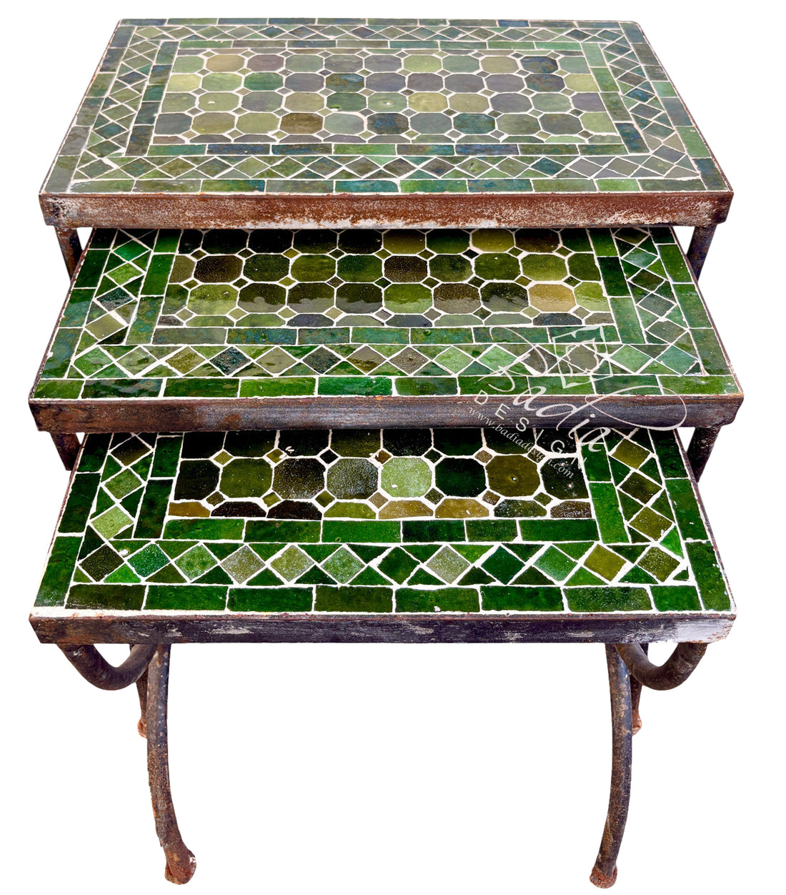 A set of three nested square tables with green mosaic tile tops and distressed dark metal legs, shown on a plain white background.