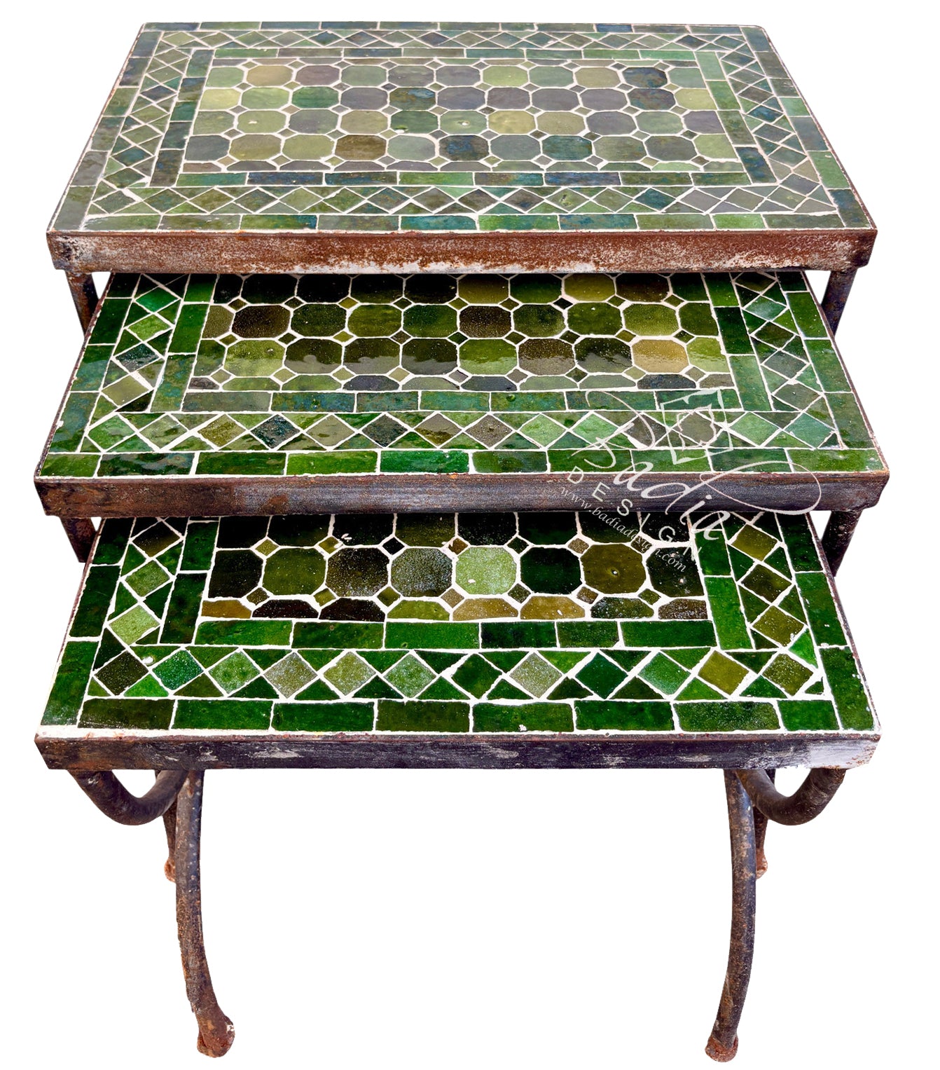 A set of three nested square tables with green mosaic tile tops and distressed dark metal legs, shown on a plain white background.