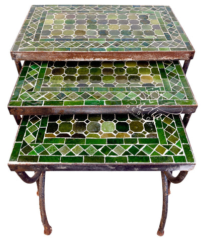 A set of three nested square tables with green mosaic tile tops and distressed dark metal legs, shown on a plain white background.