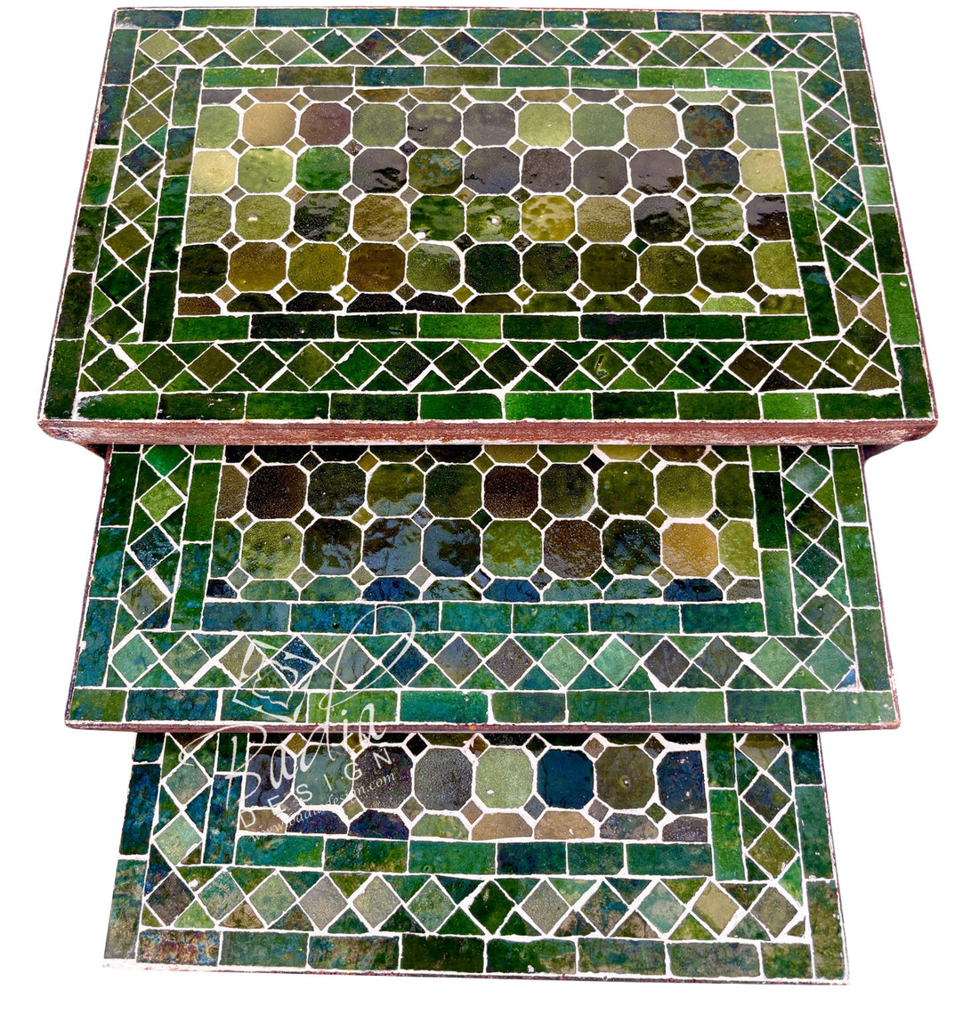 Three stacked rectangular mosaic tile trays or coasters with green, blue, and brown geometric patterns on a white background.
