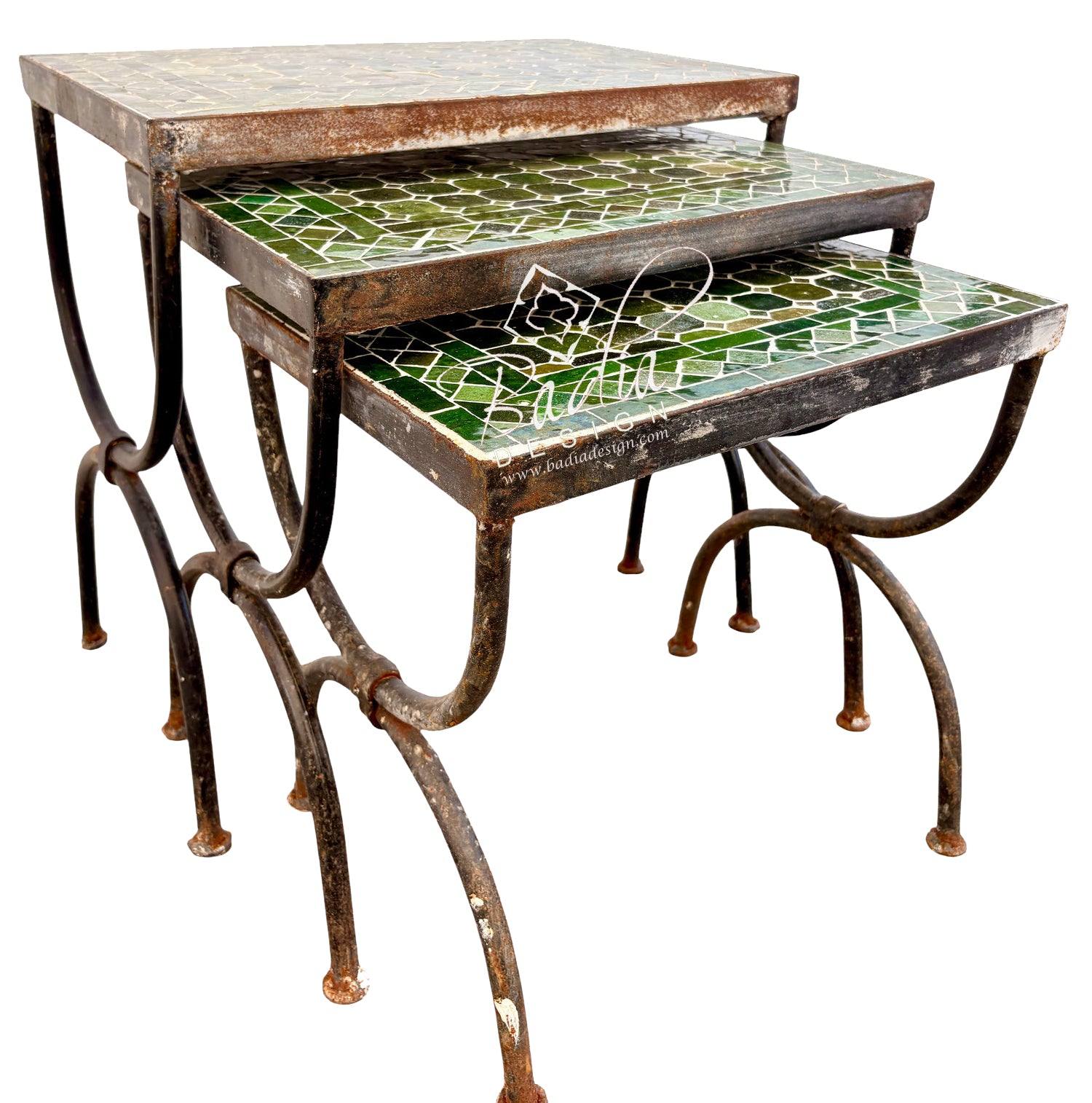 Three nested nesting tables with distressed dark brown metal frames and green mosaic tile tops, shown on a white background.