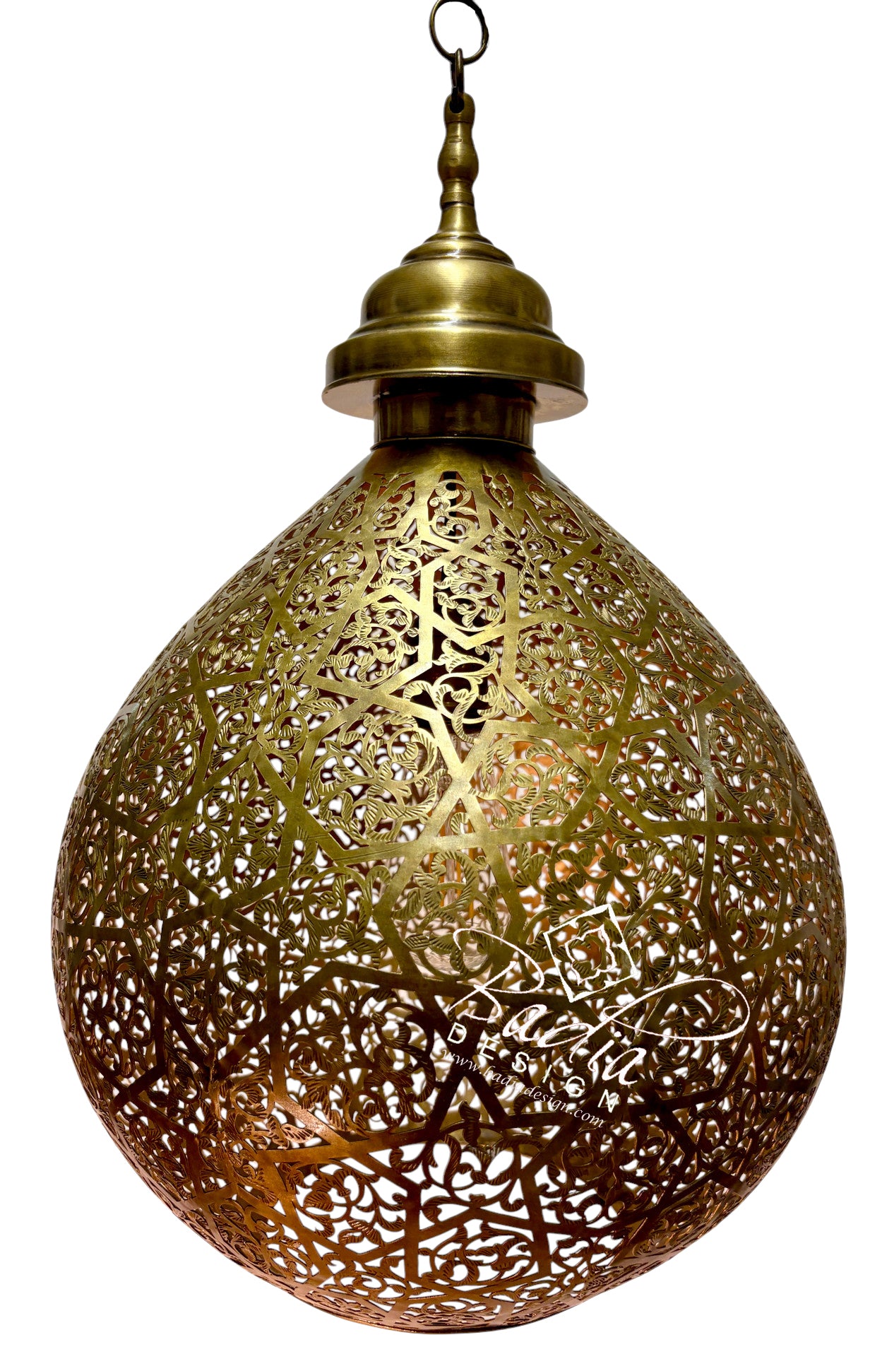 A teardrop-shaped brass hanging lantern with intricate laser-cut geometric patterns, shown against a plain white background.