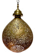 A teardrop-shaped brass hanging lantern with intricate laser-cut geometric patterns, shown against a plain white background.