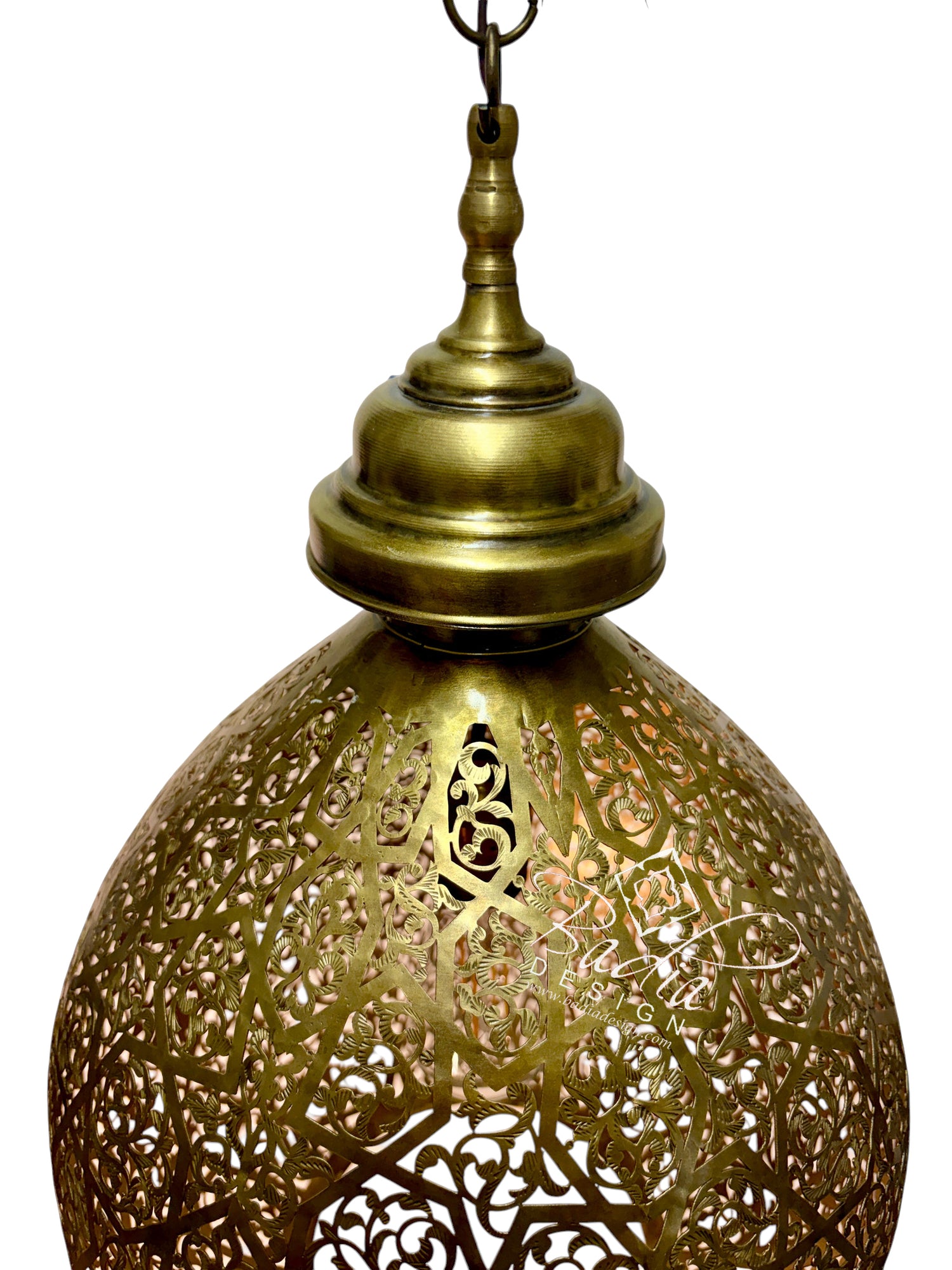 Ornate Brass Hanging Lantern with Arabesque Cutouts
