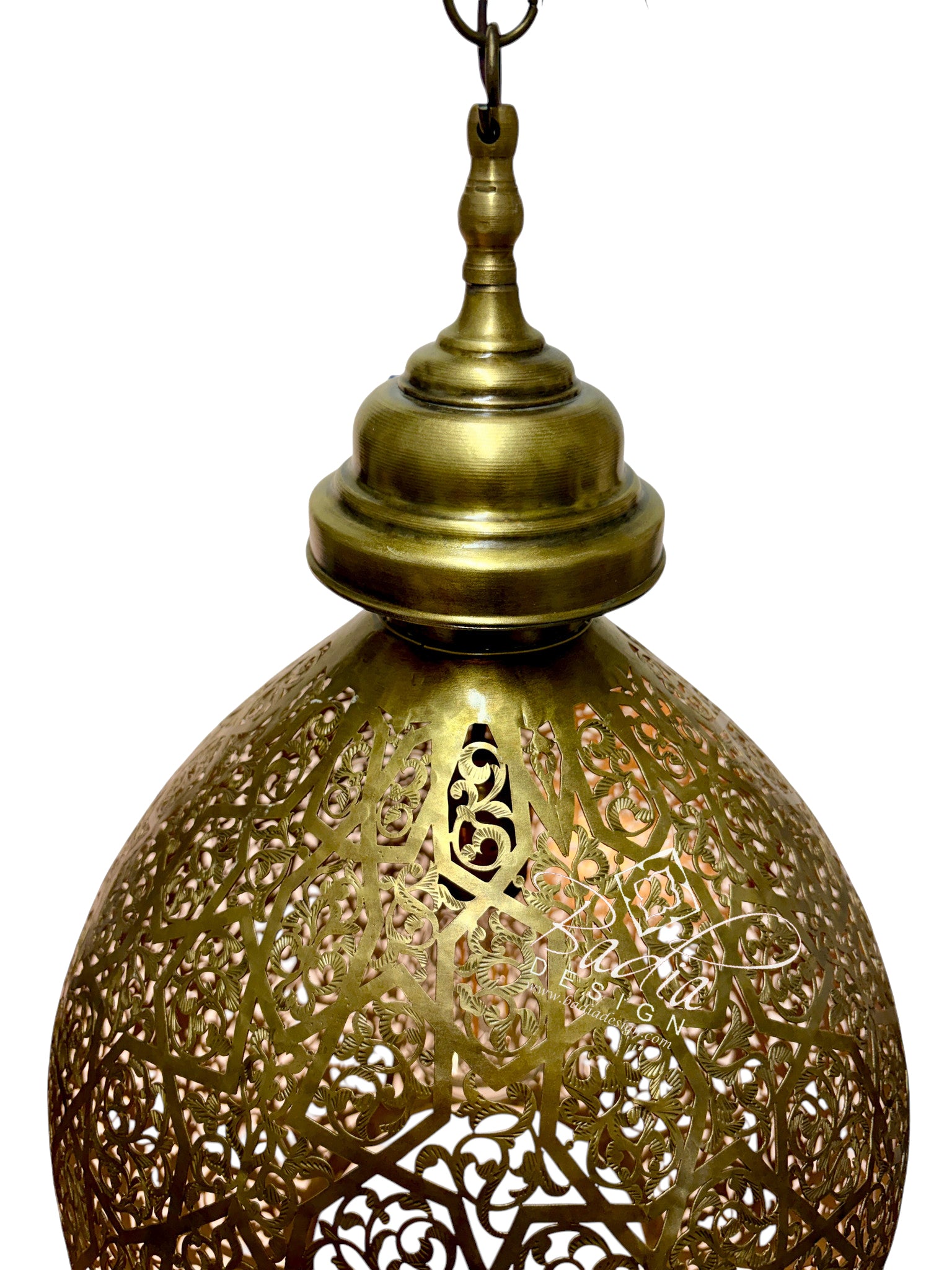 Ornate Brass Hanging Lantern with Arabesque Cutouts
