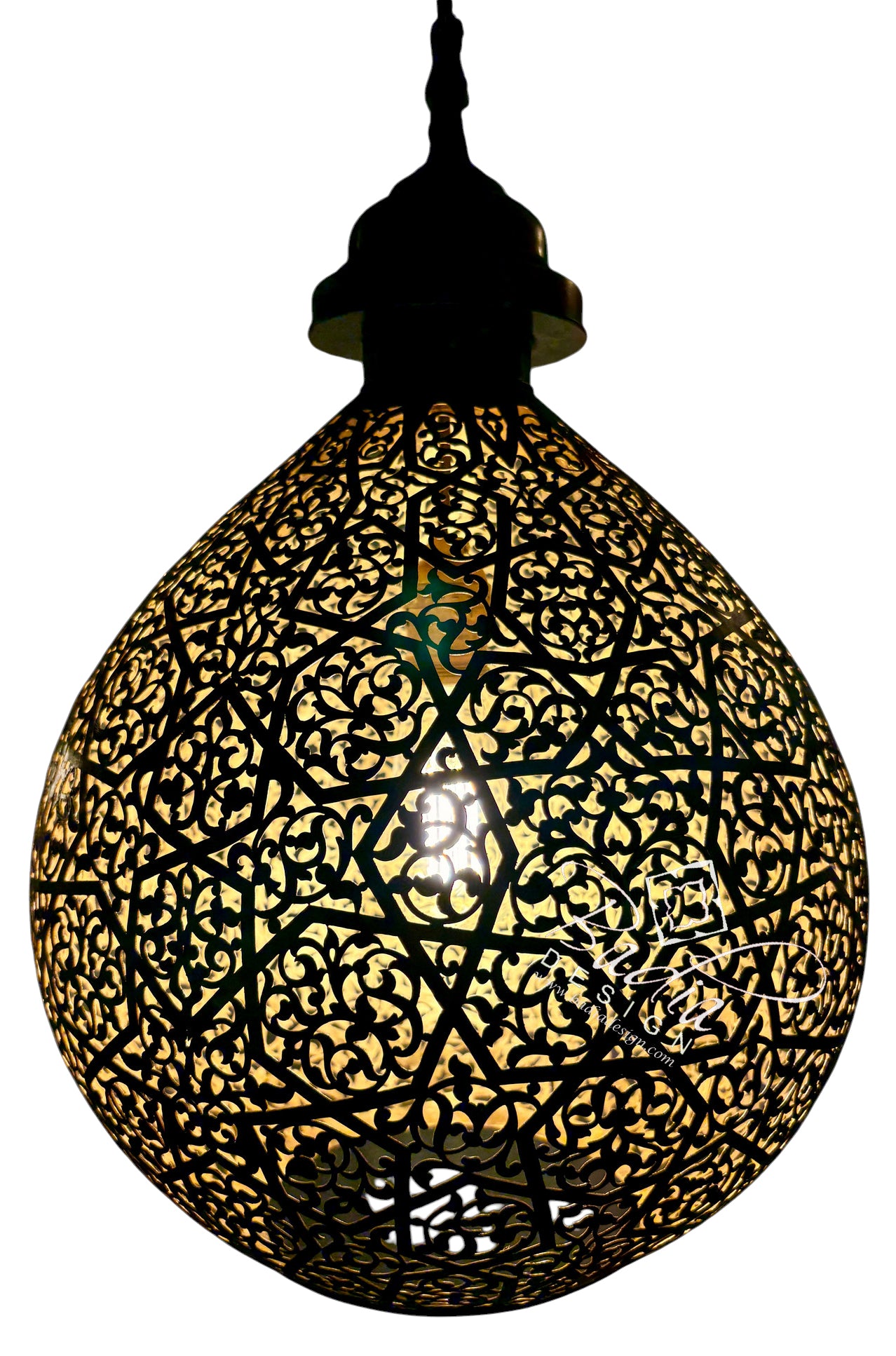 Ornate Moroccan Brass Hanging Lantern with Arabesque Cutouts