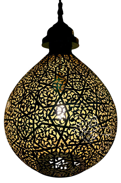 Ornate Moroccan Brass Hanging Lantern with Arabesque Cutouts