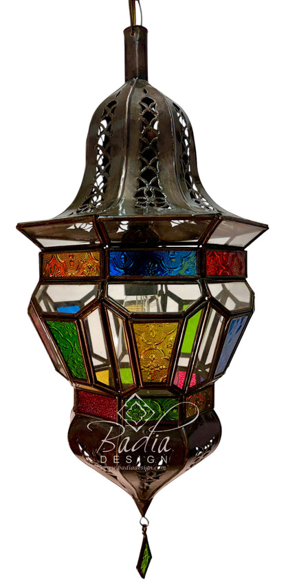 A hanging Moroccan-style stained glass lantern with a dark metal frame and multiple colorful glass panels in red, orange, yellow, green, blue, and purple, shown on a white background.