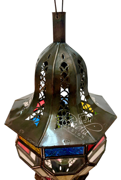 Ornate Hanging Lantern with Multi-Color Glass