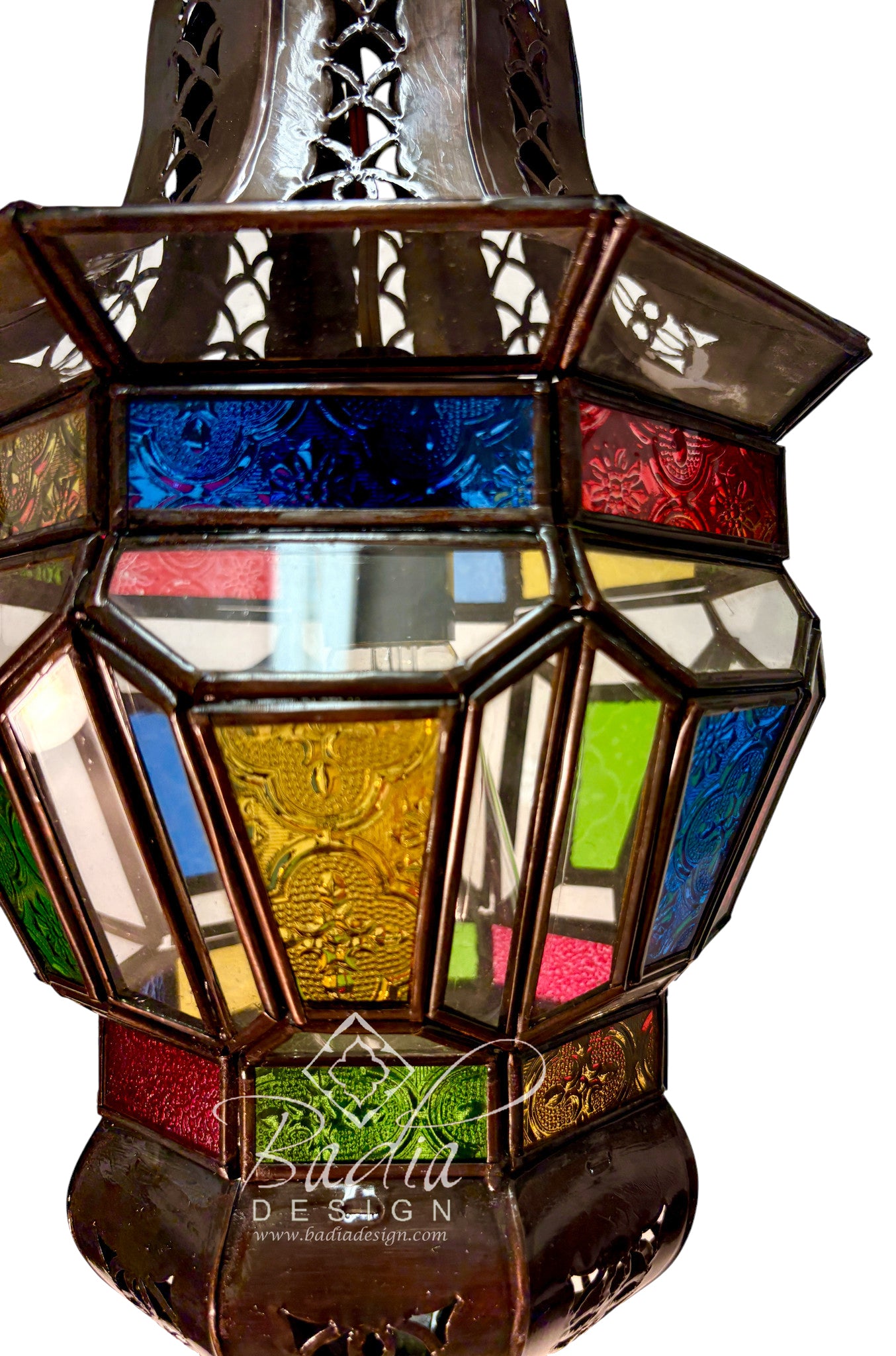 Ornate Hanging Lantern with Multi-Color Glass