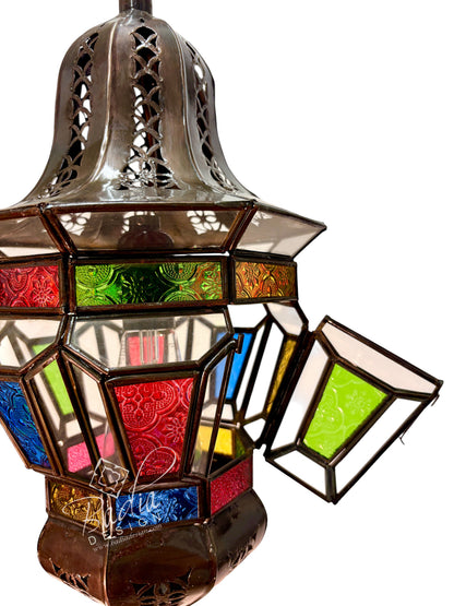 Ornate Hanging Lantern with Multi-Color Glass