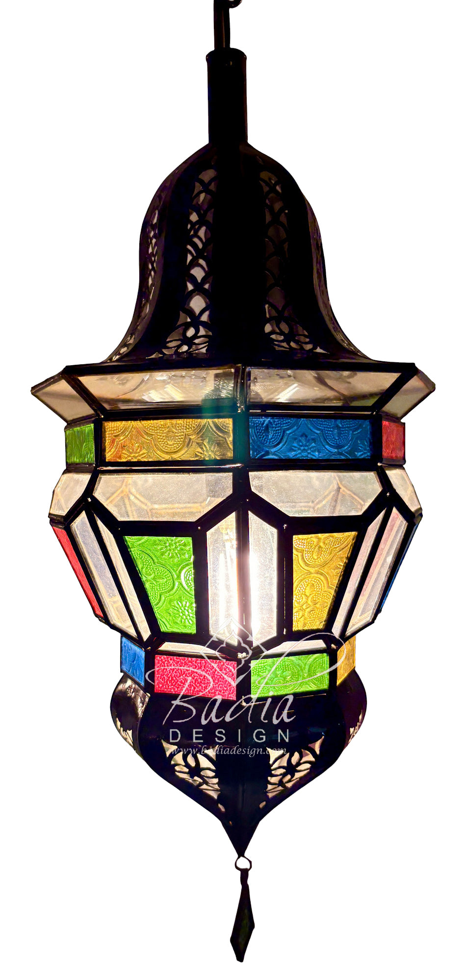 A hanging Moroccan-style lantern with a black metal frame and multiple colored stained glass panels in green, yellow, blue, red, and white, shown against a plain white background.