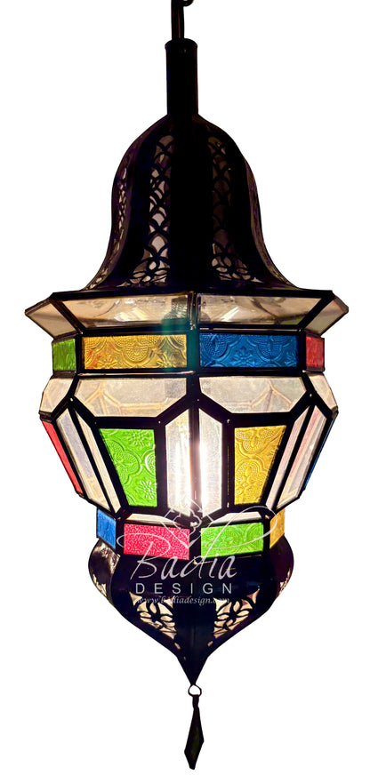 A hanging Moroccan-style lantern with a black metal frame and multiple colored stained glass panels in green, yellow, blue, red, and white, shown against a plain white background.