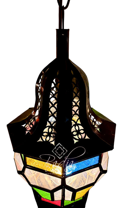 Ornate Hanging Lantern with Multi-Color Glass
