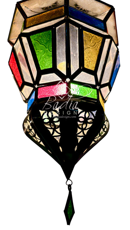 Ornate Hanging Lantern with Multi-Color Glass